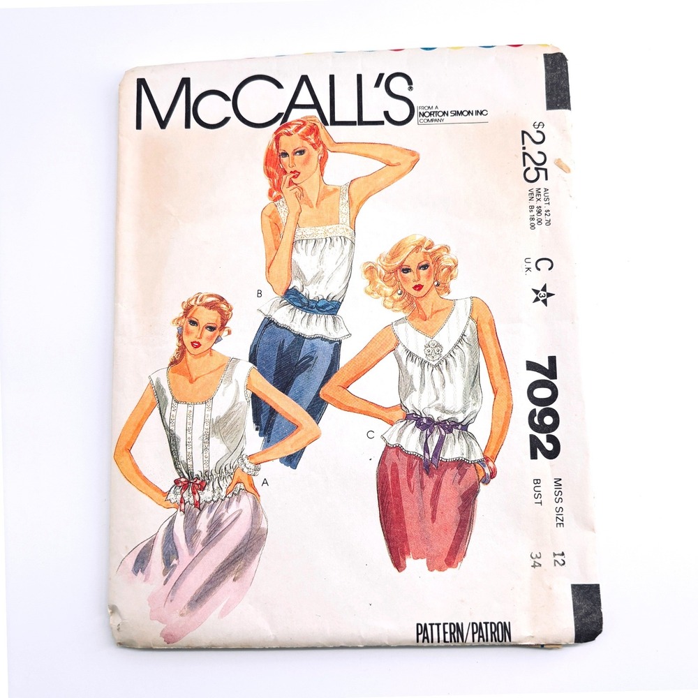 McCalls 7092 Romantic Vintage Camisole Peplum Tops Sz 12 Vtg 80s Cut Complete